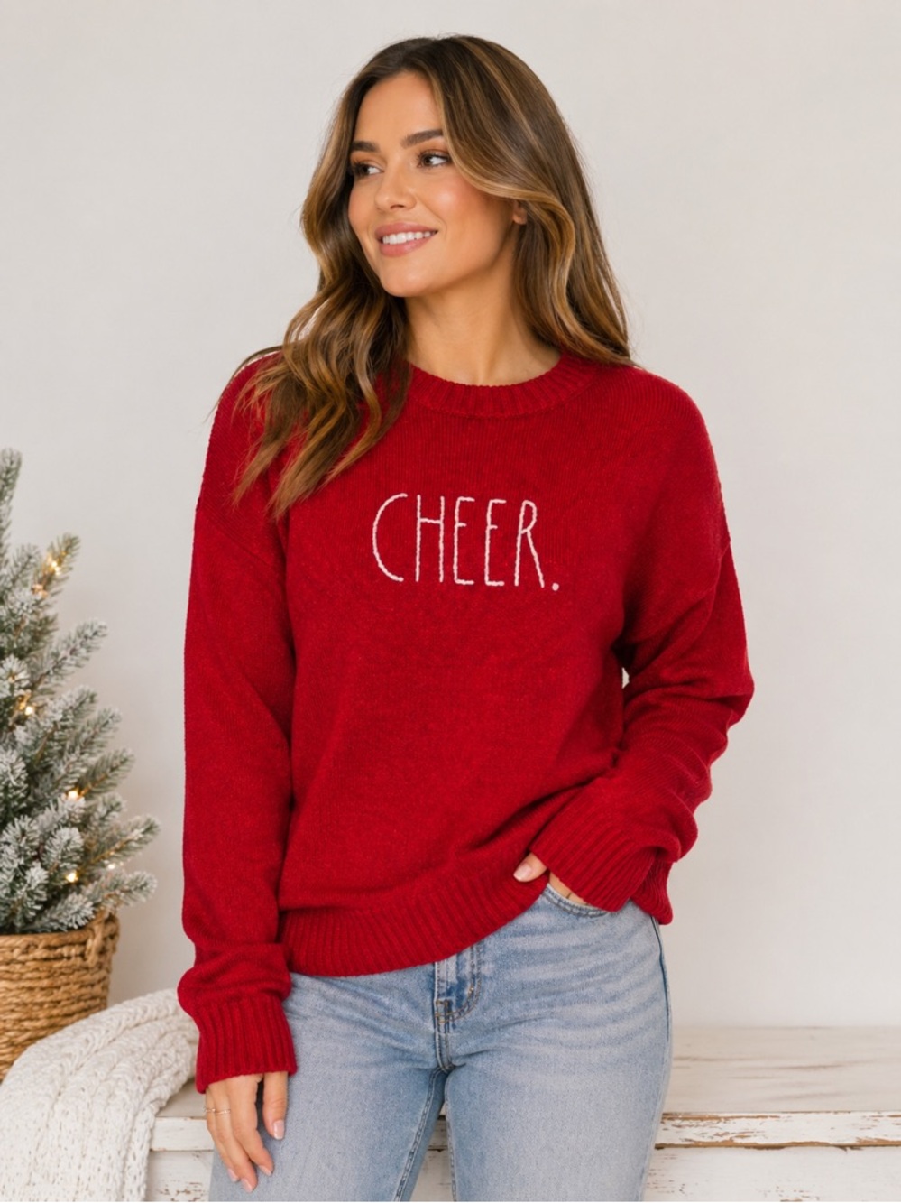 NEW Rae Dunn Red Cheer Embroidered Holiday Christmas Sweater Small
